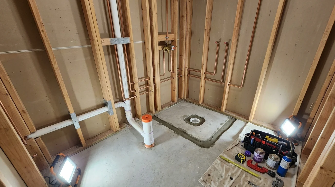 Bathroom rough-in plumbing during remodel by Johns Plumbing LLC in Plattsburgh