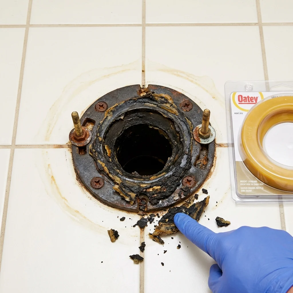 Failed wax ring showing water seepage at the base of a toilet in a Plattsburgh, NY home