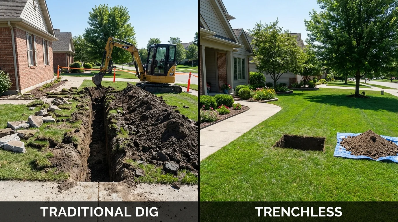 Trenchless sewer repair with minimal yard damage versus traditional excavation in Plattsburgh, NY