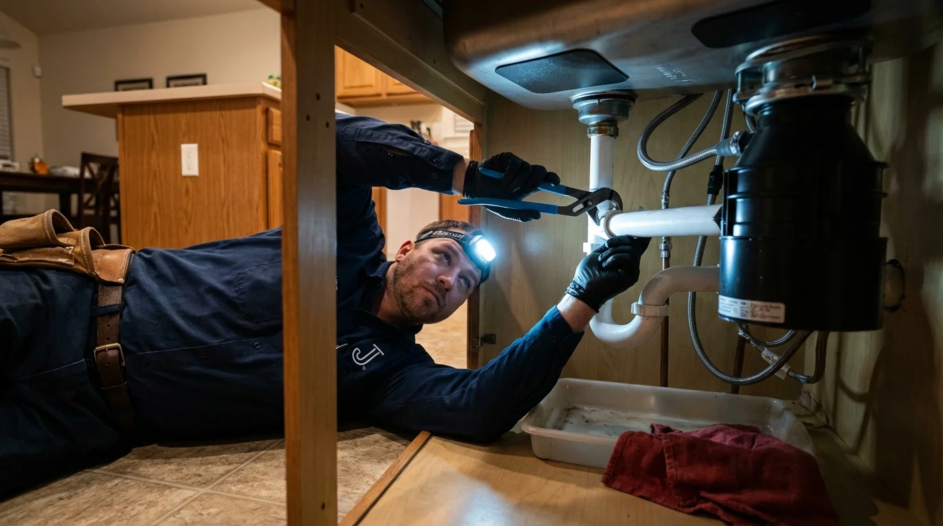 P-trap and supply line connections under a kitchen sink showing a common leak point in Plattsburgh, NY